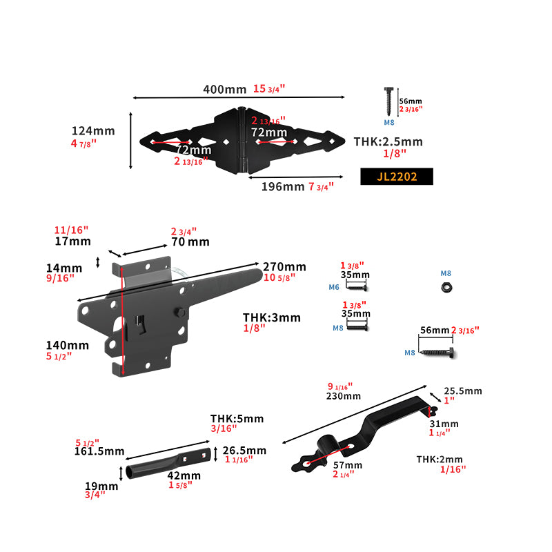 BLACK FENCE HARDWARE KIT 1 - 3 Hinges + 1 Latch