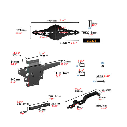 BLACK FENCE HARDWARE KIT 1 - 3 Hinges + 1 Latch